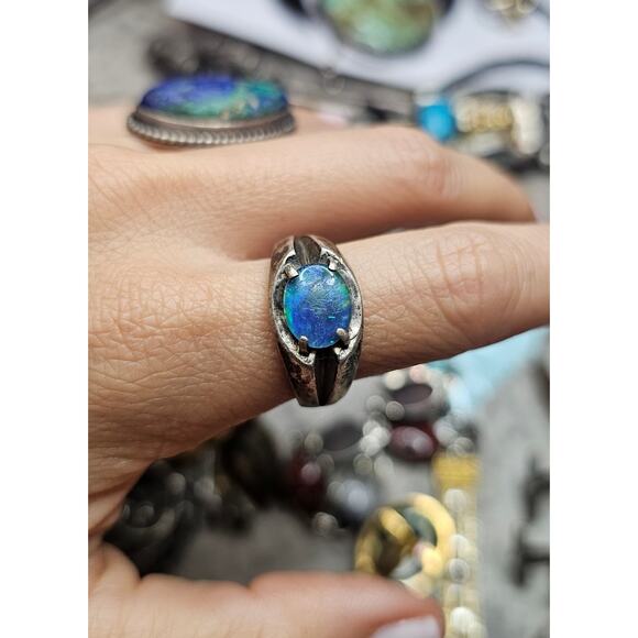 Vintage Fiery Opal Triplet Sterling Silver Unisex Ring Size 9.25 - Picture 6 of 8